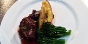 Fillet Steak with red wine jus, broccolini and roast kipfler potatoes